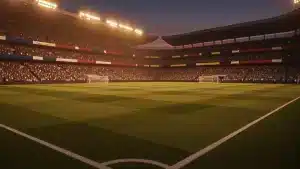 Floodlit stadium at dusk with packed crowds, red-white-blue and black-yellow-red flag colour palette, dramatic shadow patterns on pitch.