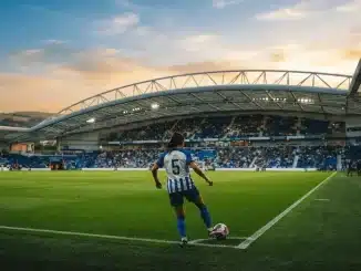 Brighton & Hove Albion women's player silhouette at Amex Stadium during golden hour