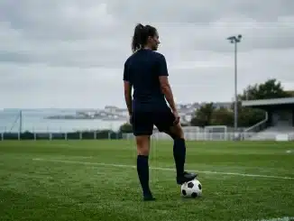 Female football defender preparing to lead Brighton Women’s defensive rebuild on a training pitch