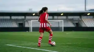 Young women’s football midfielder training on a stadium pitch, representing Emma Moreno’s continued development.