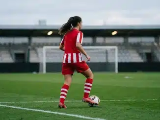 Young women’s football midfielder training on a stadium pitch, representing Emma Moreno’s continued development.
