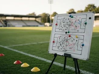 Tactical board on football pitch sideline representing managerial leadership and strategic planning