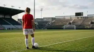 Female footballer viewed from behind on a stadium pitch, symbolising a reported loan move and senior development.