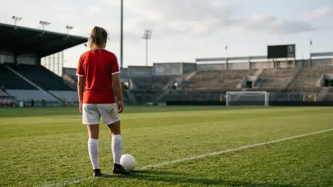 Female footballer viewed from behind on a stadium pitch, symbolising a reported loan move and senior development.