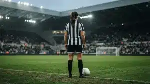Female footballer in Newcastle-inspired kit prepares for a promotion push under stadium floodlights