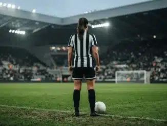 Female footballer in Newcastle-inspired kit prepares for a promotion push under stadium floodlights