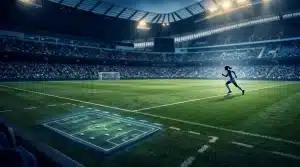 Silhouetted elite striker and tactical board representing Khadija Shaw’s fantasy football value