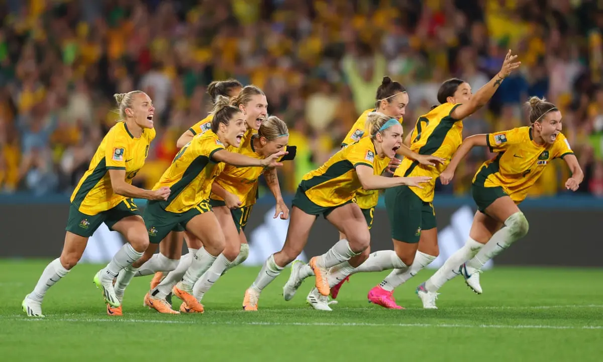 Australian Matildas football team celebrating a goal during the 2023 Women's World Cup.