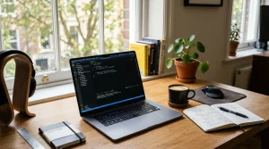 Modern workspace with laptop showing code, notebooks and coffee in natural light