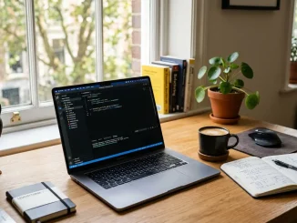 Modern workspace with laptop showing code, notebooks and coffee in natural light