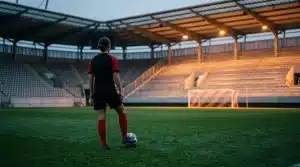 Women’s football midfielder training alone under stadium lights in a fresh start with Eintracht Frankfurt