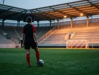 Women’s football midfielder training alone under stadium lights in a fresh start with Eintracht Frankfurt