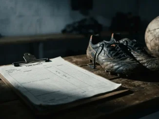 Timesheet with minimal hours logged beside worn football boots, representing player labor documentation failures