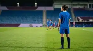 Japanese midfielder in blue training kit on a women’s football pitch inside a stadium
