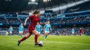 Anonymous women’s football winger attacking from the left flank under stadium lights