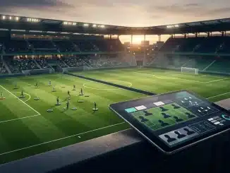 Women's football fantasy game concept showing tactical squad selection across two connected league divisions