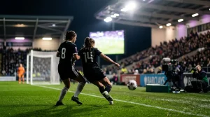 Women's football match action under stadium lights representing BBC's expanded digital coverage