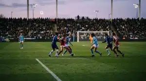 Three women’s football teams converge in a tense stadium midfield scene for the WSL title race