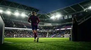 Women's footballer entering a London stadium for a landmark debut