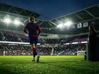 Women's footballer entering a London stadium for a landmark debut